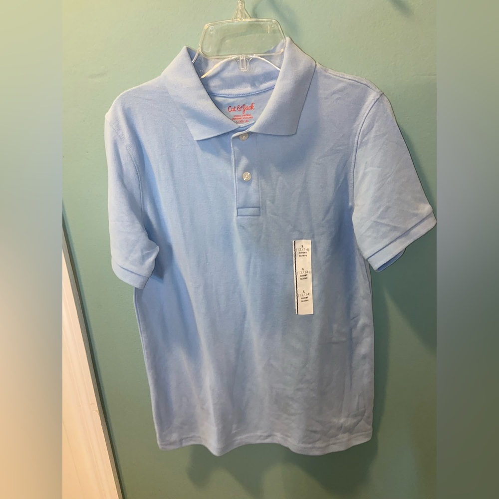NWT Boys Short Sleeve Stretch Pique Uniform Polo Shirt, Cat & Jack Blue L(12/14)